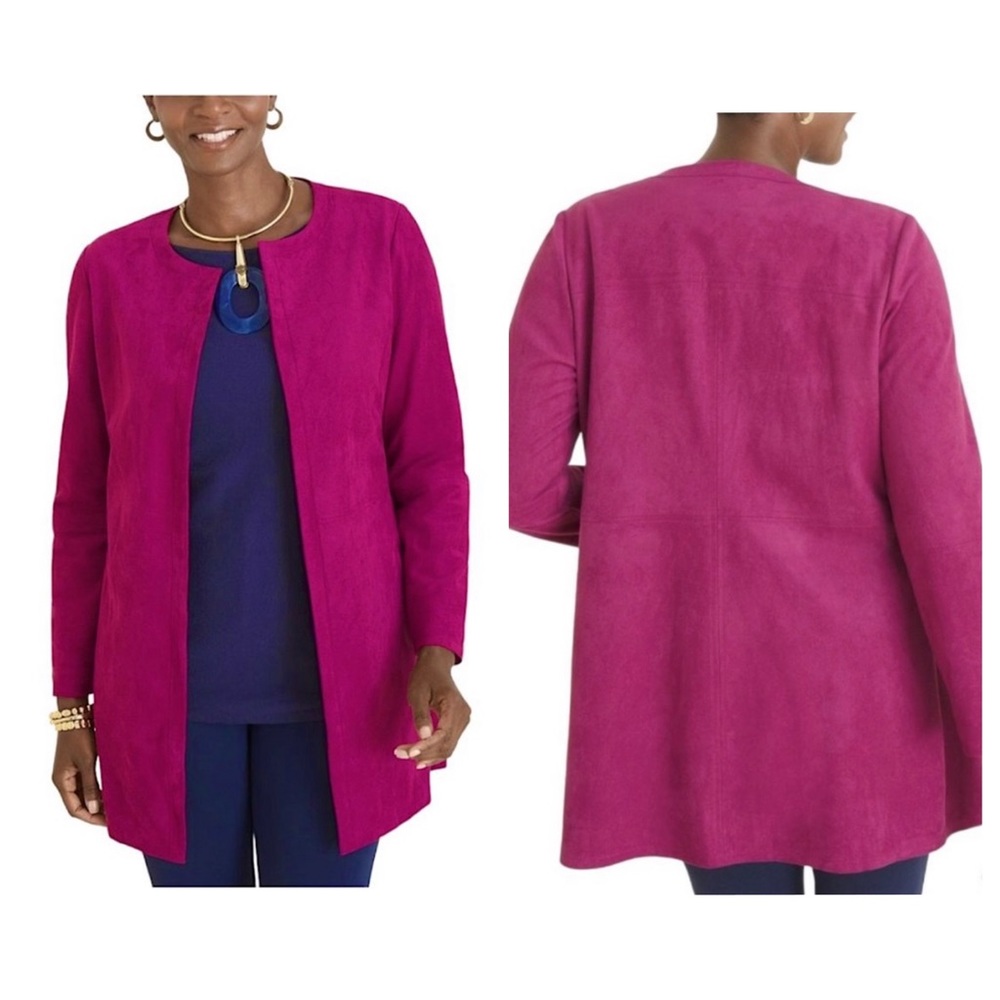 CHICO’S Topper Faux Suede Leather Blazer Jacket Outerwear 2 (LARGE) Deep Magenta